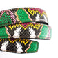Women's vegan leather belt strap in multi-colored boa print, green and light pink, 1.25 inches wide, casual look, full roll