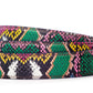 Women's vegan leather belt strap in multi-colored boa print, green and light pink, 1.25 inches wide, casual look