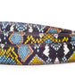 Women's vegan leather belt strap in multi-colored boa print, light blue and yellow, 1.25 inches wide, casual look