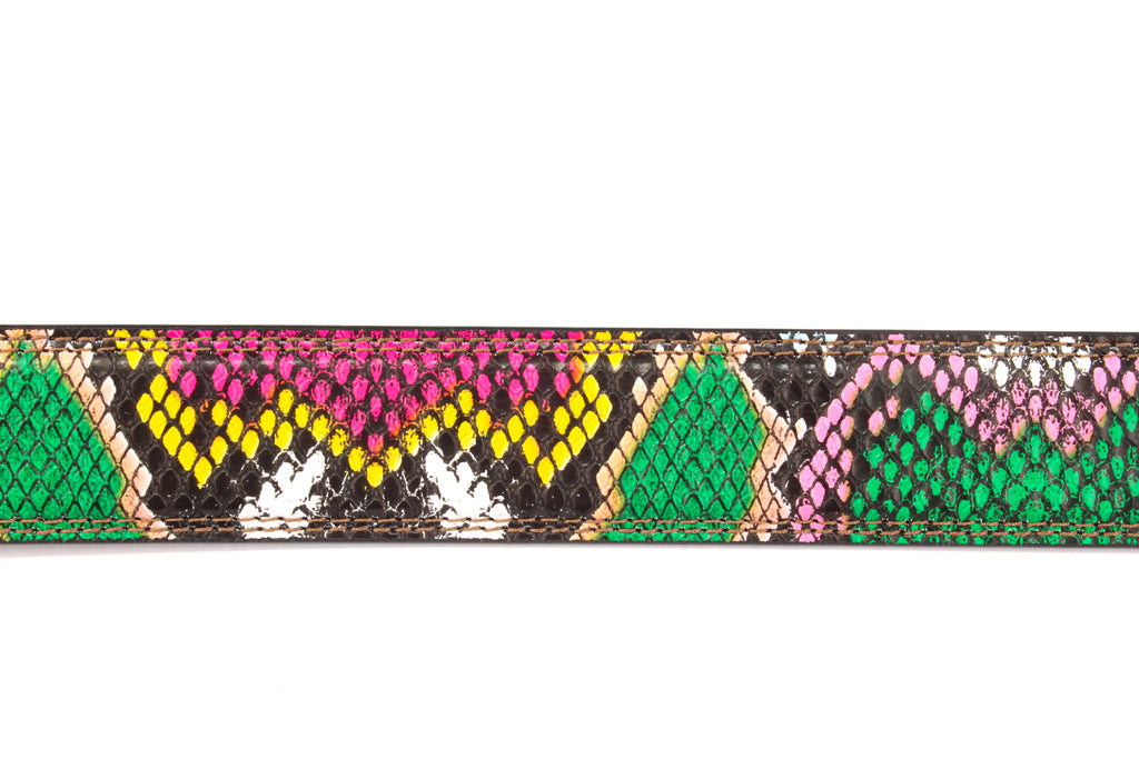 Women's vegan leather belt strap in multi-colored boa print, pink and green, 1.25 inches wide, casual look, flat lay