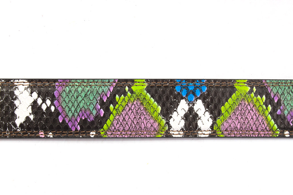 Women's vegan leather belt strap in multi-colored boa print, purple and green, 1.25 inches wide, casual look, flat lay