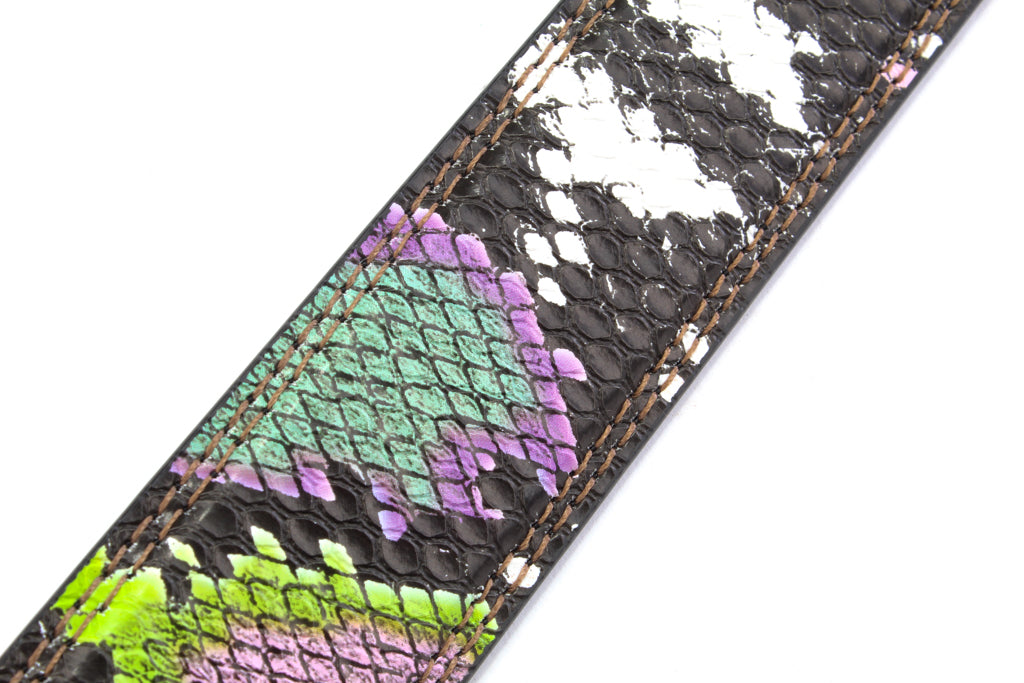 Women's vegan leather belt strap in multi-colored boa print, purple and green, 1.25 inches wide, casual look, stitching close up