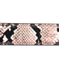 Women's vegan leather belt strap in pink boa print, 1.25 inches wide, casual look, flat lay