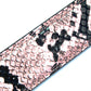 Women's vegan leather belt strap in pink boa print, 1.25 inches wide, casual look, texture close up