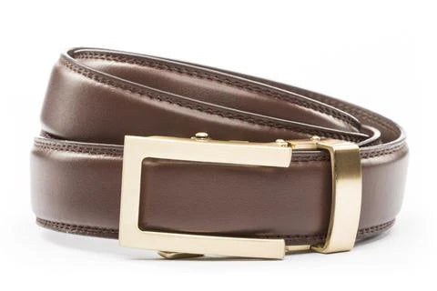 1.25" Chocolate Leather Strap w/Traditional Buckle in Gold