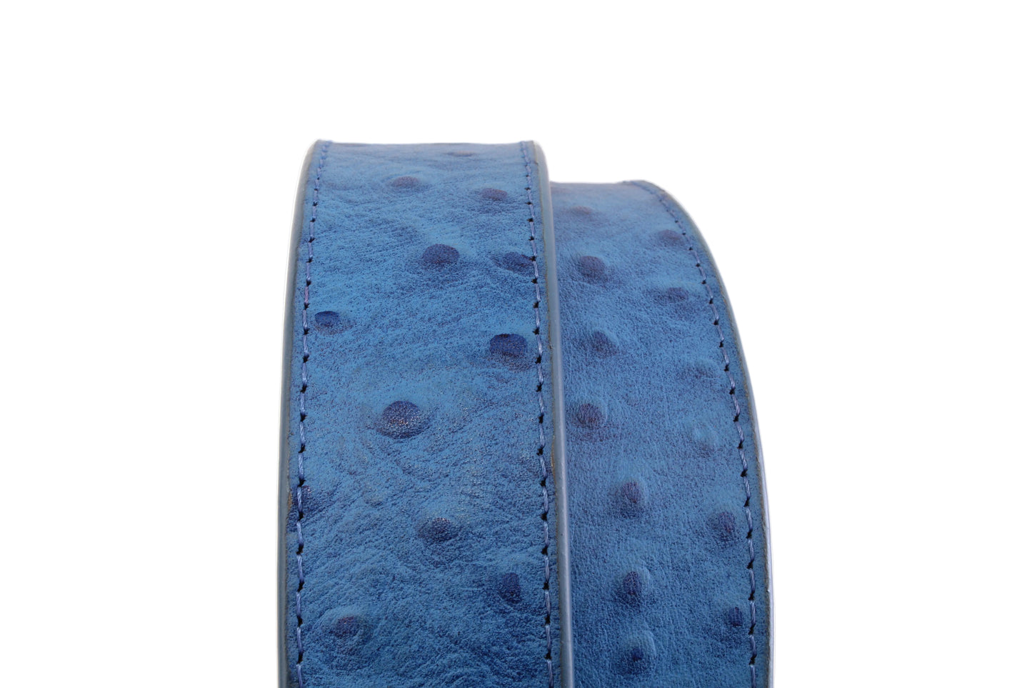 Blue ostrich embossed belt on a white background