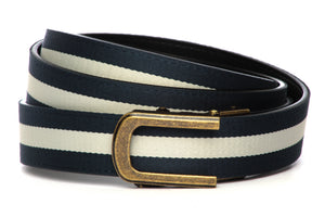 1.25 Navy White Stripe Cloth Strap with Traditional Antiqued Gold w/ Curve