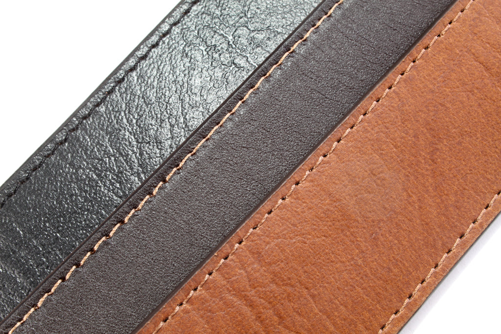 “Casual Leather” Anson Belt set, casual look, 1.5 inches wide, stitching close up of all 3 straps