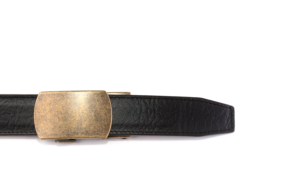 “Casual Leather” Anson Belt set, casual look, 1.5 inches wide, black buffalo vegetable tanned leather strap and classic buckle in antiqued gold with a curve