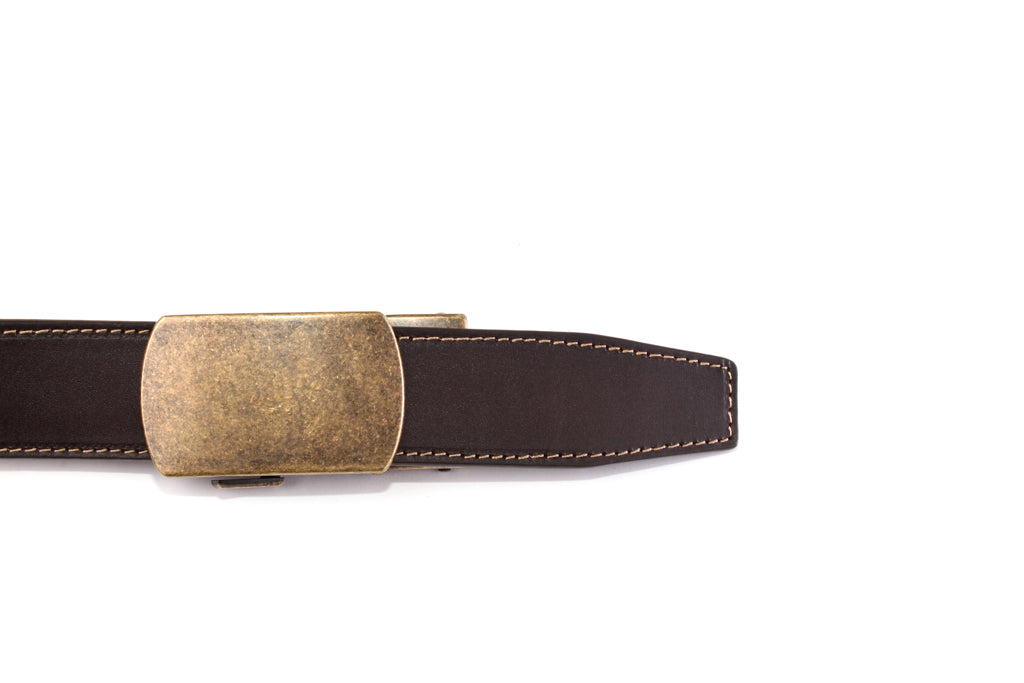 “Casual Leather” Anson Belt set, casual look, 1.5 inches wide, chocolate vegetable tanned leather strap and classic buckle in antiqued gold with a curve