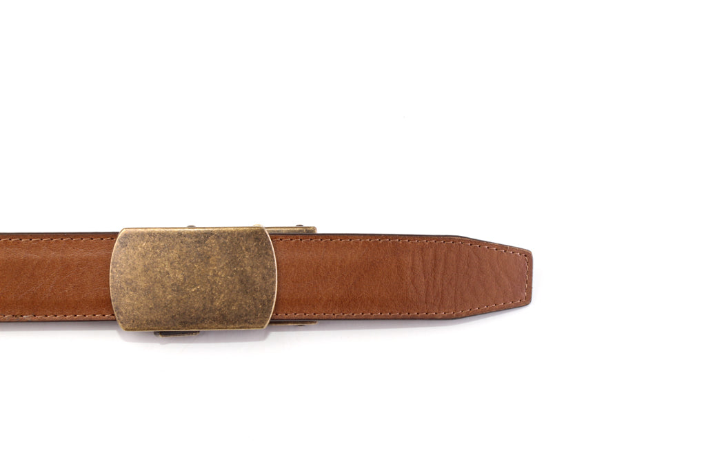 “Casual Leather” Anson Belt set, casual look, 1.5 inches wide, tan full grain buffalo leather strap and classic buckle in antiqued gold with a curve