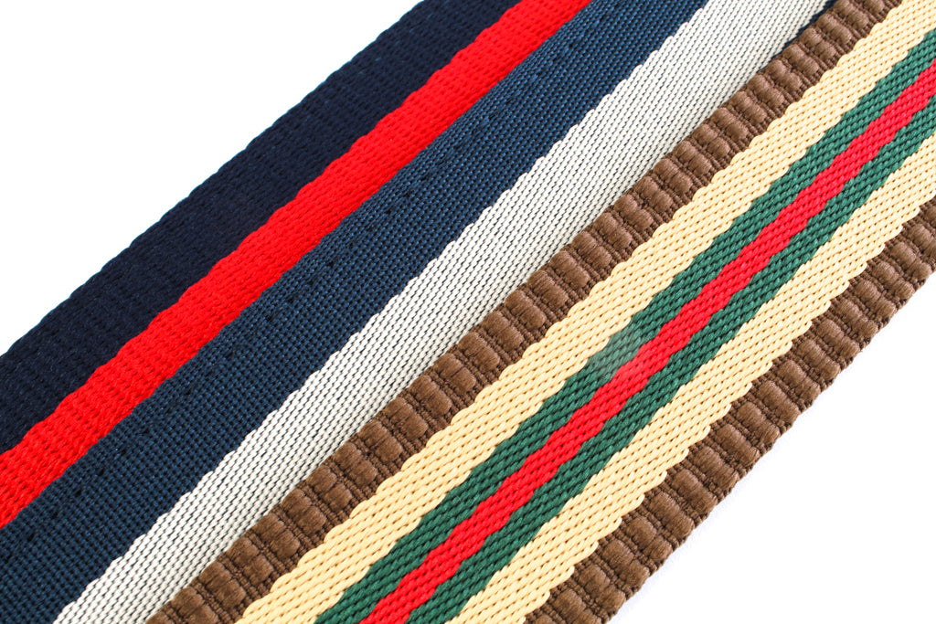 “Casual Stripes” Anson Belt set, casual look, 1.5 inches wide, stitching close up of all 3 straps
