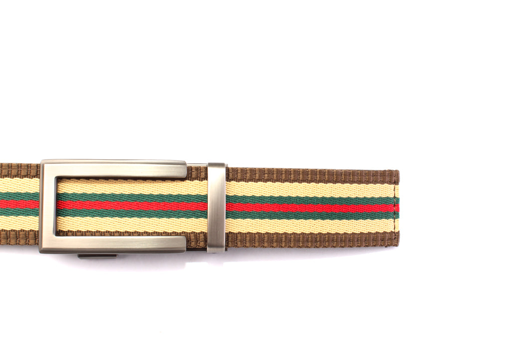 “Casual Stripes” Anson Belt set, casual look, 1.5 inches wide, green and red stripe with trim cloth strap and traditional buckle in gunmetal