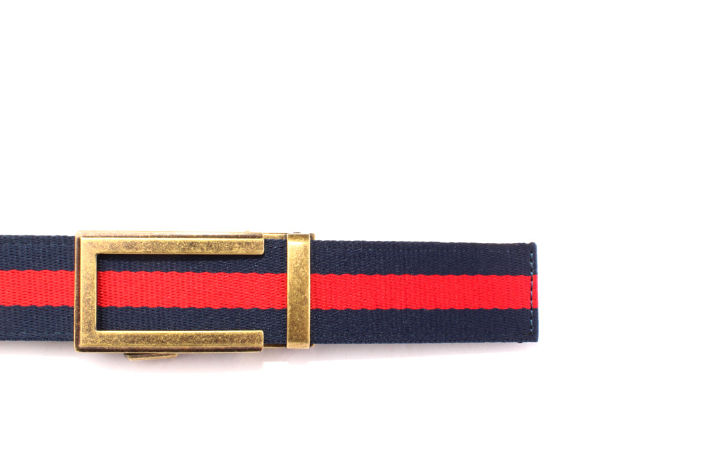 “Casual Stripes” Anson Belt set, casual look, 1.5 inches wide, navy with red stripe cloth strap and traditional buckle in antiqued gold