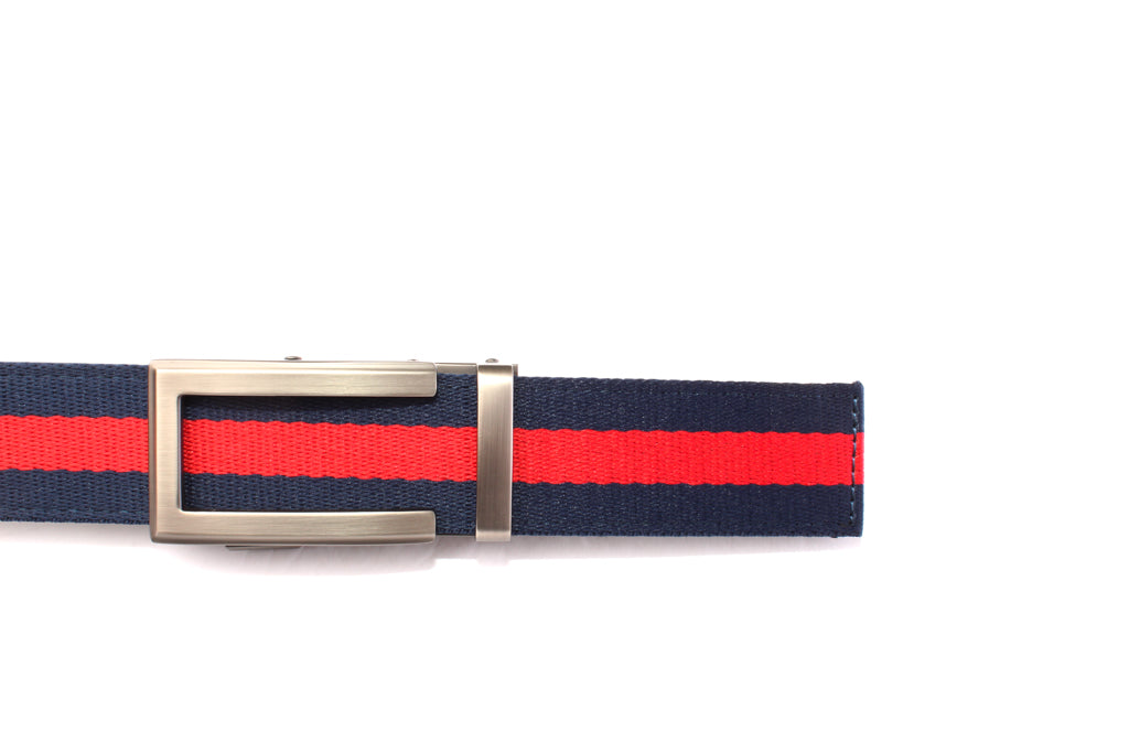 “Casual Stripes” Anson Belt set, casual look, 1.5 inches wide, navy with red stripe cloth strap and traditional buckle in gunmetal
