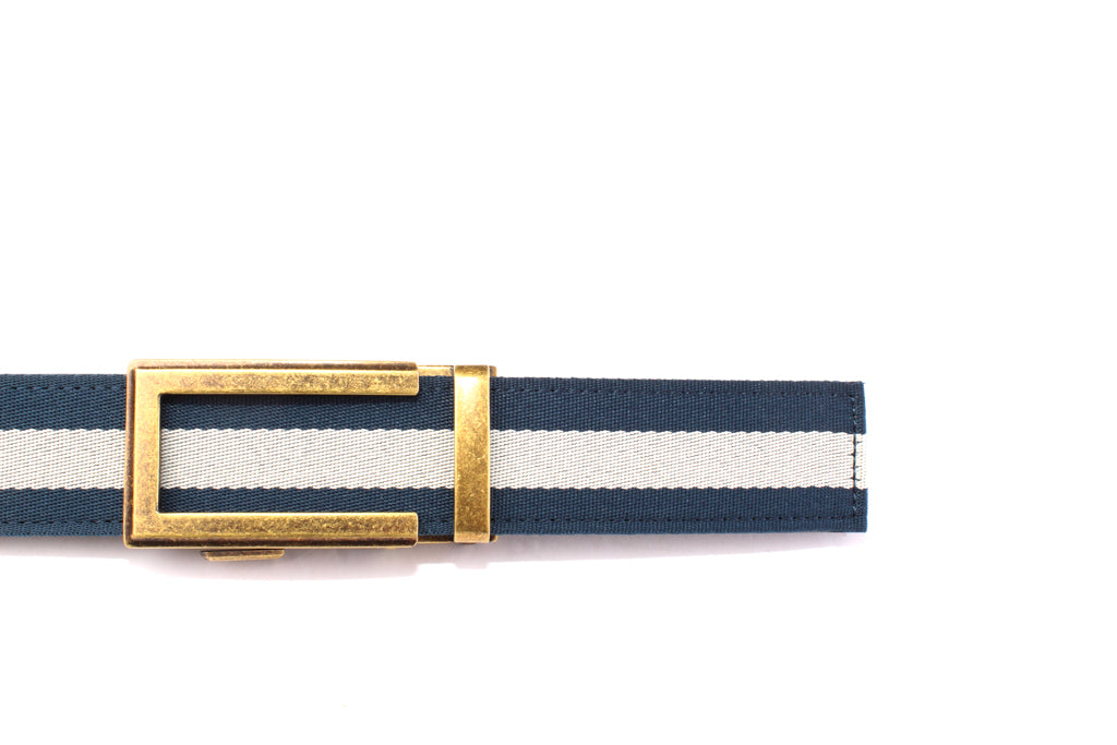 “Casual Stripes” Anson Belt set, casual look, 1.5 inches wide, navy with white stripe cloth strap and traditional buckle in antiqued gold
