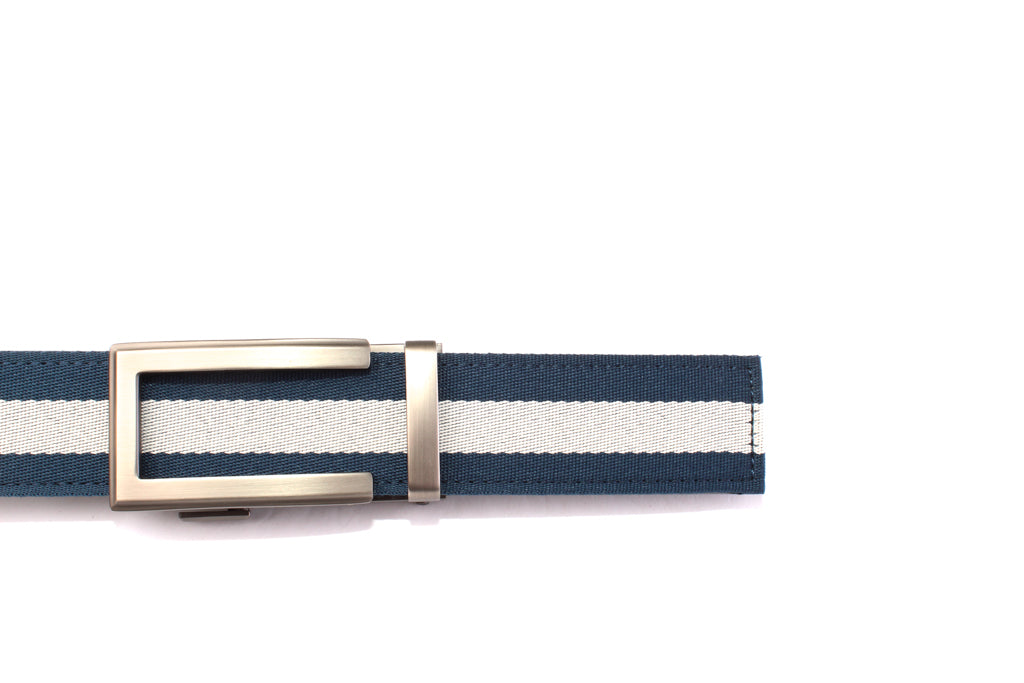 “Casual Stripes” Anson Belt set, casual look, 1.5 inches wide, navy with white stripe cloth strap and traditional buckle in gunmetal
