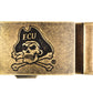 Men's ECU jolly-roger ratchet belt buckle in antiqued gold with a width of 1.5 inches.