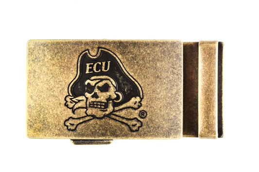Men's ECU jolly-roger ratchet belt buckle in antiqued gold with a width of 1.5 inches.
