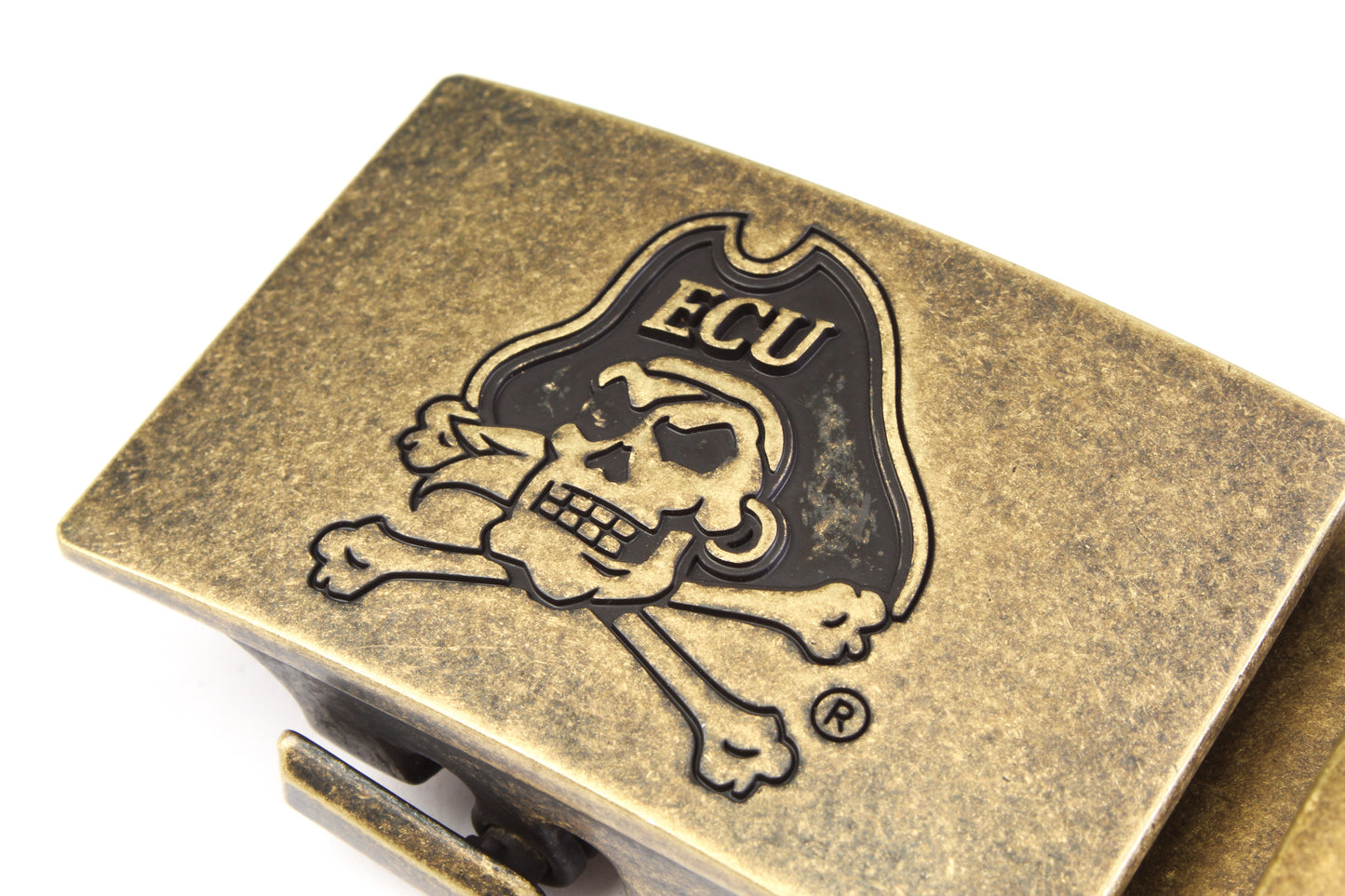 Men's ECU jolly-roger ratchet belt buckle in antiqued gold with a width of 1.5 inches, close up front view.