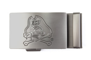 Men's ECU jolly-roger ratchet belt buckle in gunmetal with a width of 1.5 inches.