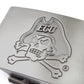 Men's ECU jolly-roger ratchet belt buckle in COLOR with a width of 1.5 inches, close up front view.