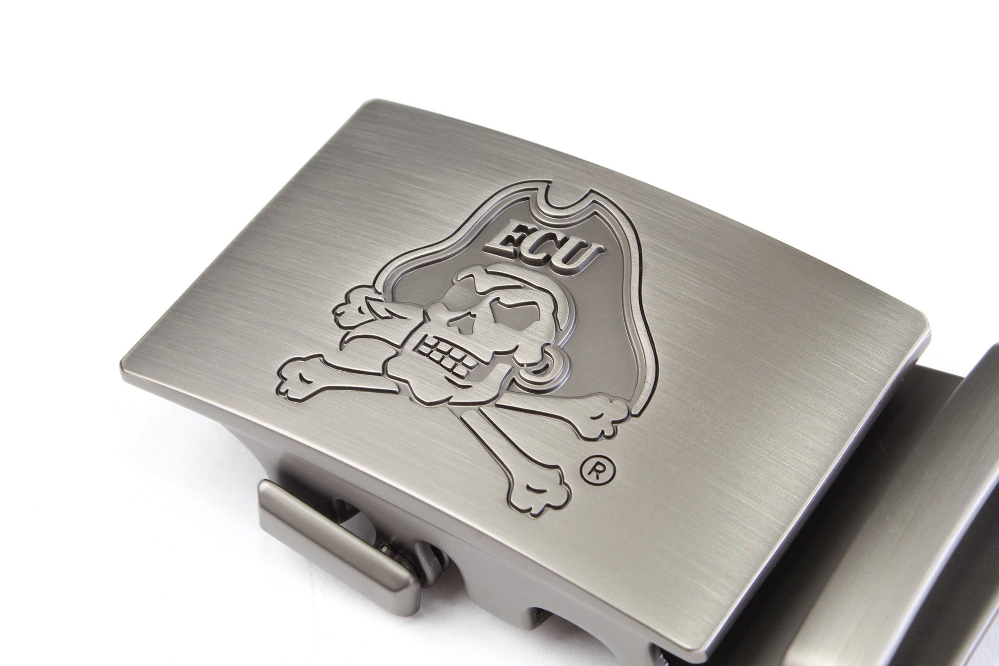 Men's ECU jolly-roger ratchet belt buckle in COLOR with a width of 1.5 inches, oblique view.