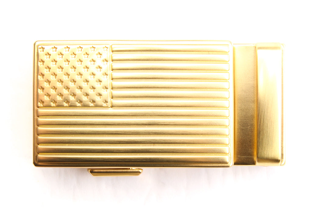 Men's USA flag ratchet belt buckle in gold with a width of 1.5 inches, front view.