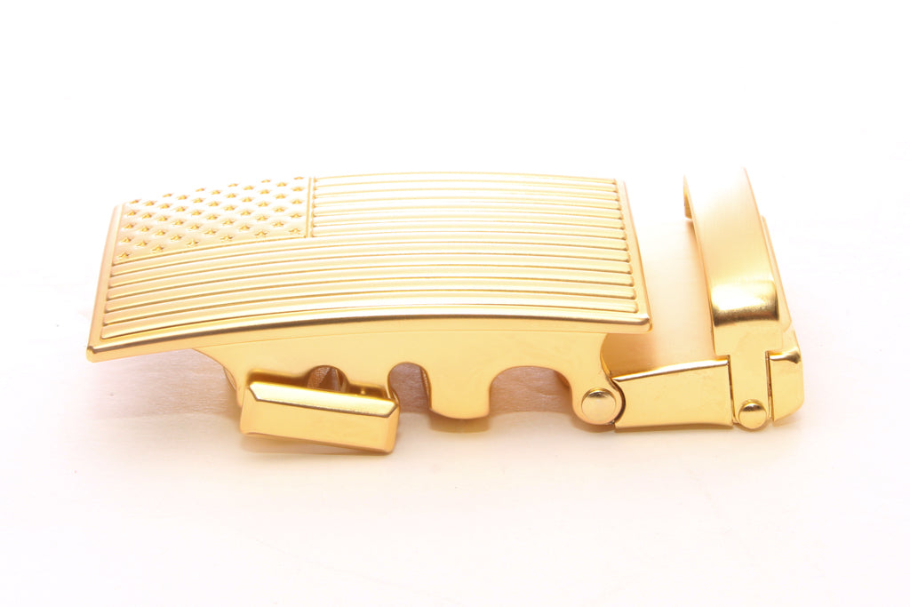 Men's USA flag ratchet belt buckle in gold with a width of 1.5 inches, left side view.
