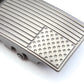 Men's USA flag ratchet belt buckle in gunmetal with a width of 1.5 inches, close up front view.