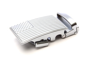 Men's USA flag ratchet belt buckle in silver with a width of 1.5 inches.