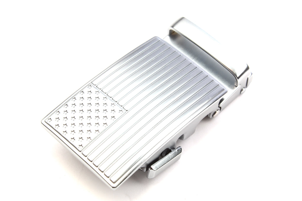 Men's USA flag ratchet belt buckle in silver with a width of 1.5 inches, front view.