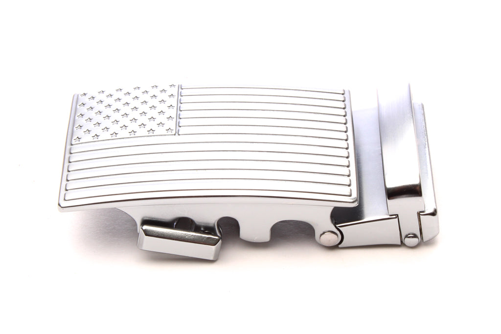 Men's USA flag ratchet belt buckle in silver with a width of 1.5 inches, left side view.