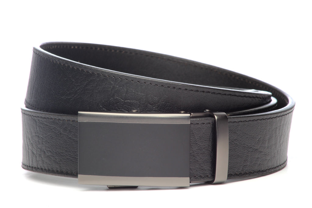 Men’s black buffalo vegetable tanned leather belt strap with onyx buckle in matte gunmetal, casual look, 1.5 inches wide
