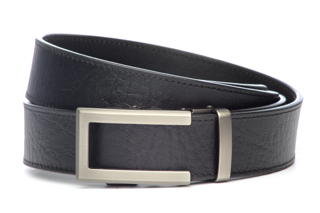 Men’s black buffalo vegetable tanned leather belt strap with traditional buckle in gunmetal, casual look, 1.5 inches wide
