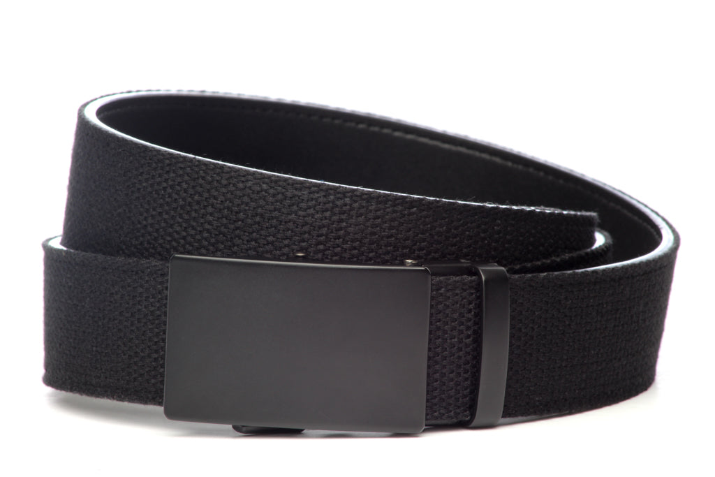 Men’s black cotton canvas belt strap with classic buckle in black, casual look, 1.5 inches wide