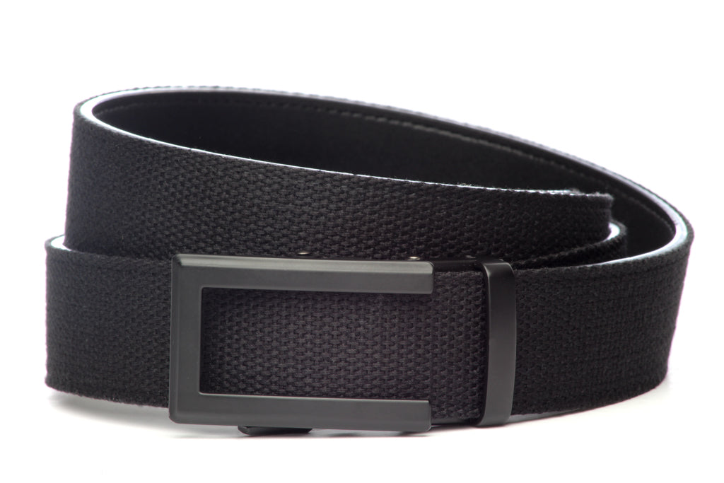 Men’s black cotton canvas belt strap with traditional buckle in black, casual look, 1.5 inches wide