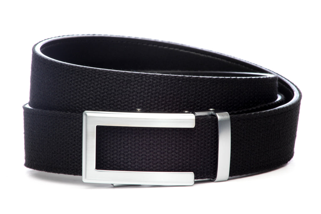Men’s black cotton canvas belt strap with traditional buckle in silver, casual look, 1.5 inches wide
