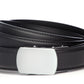 Men’s black leather belt strap and classic buckle in silver with a curve, formal look, 1.25 inches wide