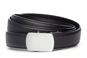 Men’s black leather belt strap and classic buckle in silver with a curve, formal look, 1.25 inches wide