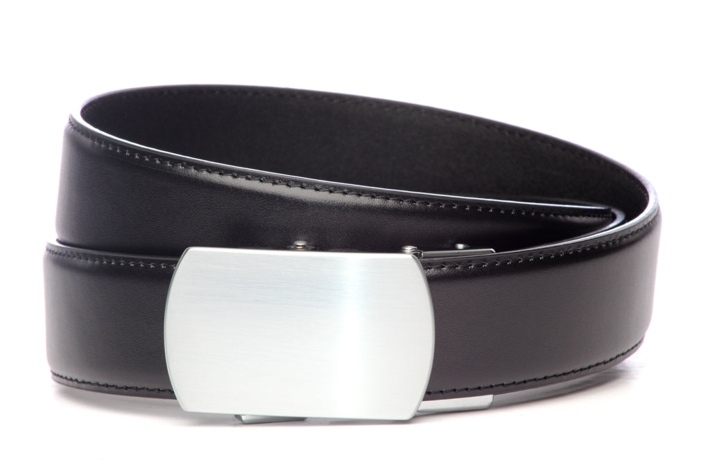 Men’s black leather belt strap and classic buckle in silver with a curve, formal look, 1.5 inches wide