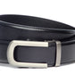 Men’s black leather belt strap and traditional buckle in gunmetal with a curve, formal look, 1.5 inches wide