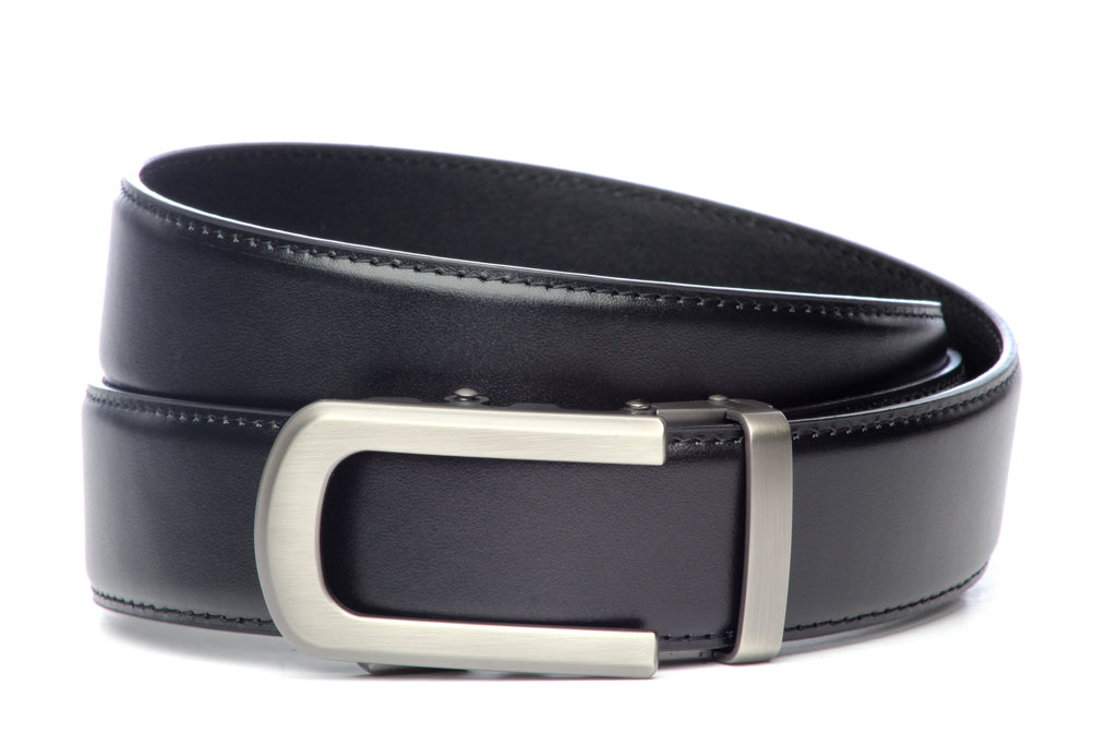 Men’s black leather belt strap and traditional buckle in gunmetal with a curve, formal look, 1.5 inches wide
