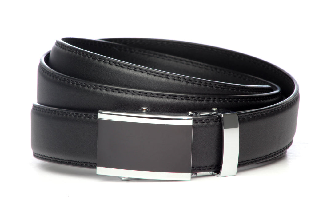 Men’s black leather belt strap with onyx buckle in silver, formal look, 1.25 inches wide