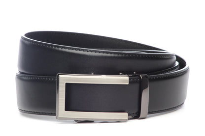Men’s black leather belt strap with traditional buckle in formal gunmetal, formal look, 1.5 inches wide