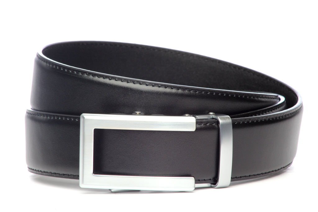 Men’s black leather belt strap with traditional buckle in silver, formal look, 1.5 inches wide