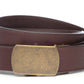 Men’s brown buffalo vegetable tanned leather belt strap and classic buckle in antiqued gold with a curve, casual look, 1.5 inches wide