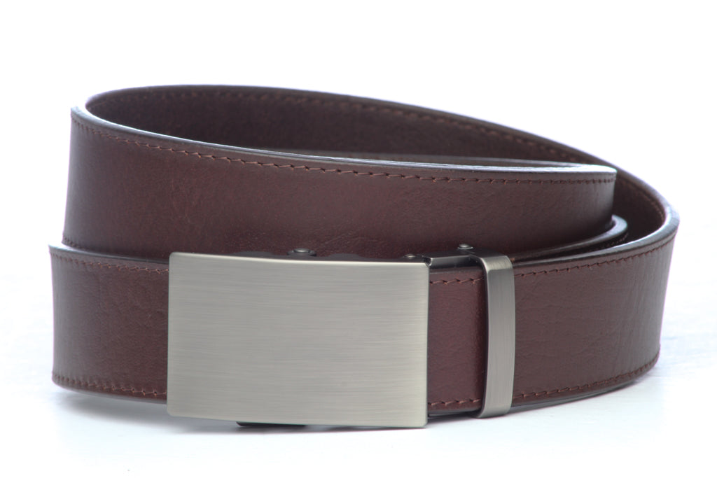 Men’s brown buffalo vegetable tanned leather belt strap with classic buckle in gunmetal, casual look, 1.5 inches wide