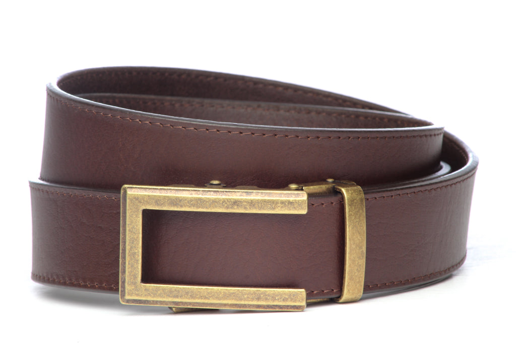 Men’s brown buffalo vegetable tanned leather belt strap with traditional buckle in antiqued gold, casual look, 1.5 inches wide