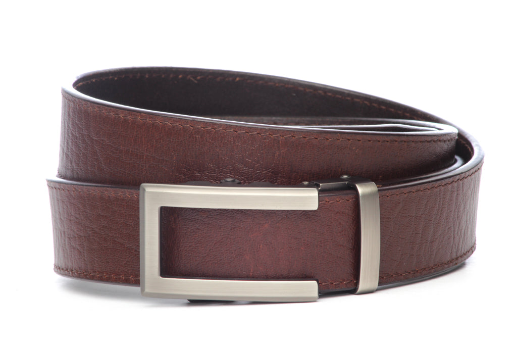 Men’s brown buffalo vegetable tanned leather belt strap with traditional buckle in gunmetal, casual look, 1.5 inches wide